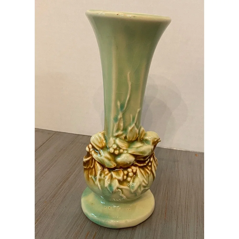 Vintage McCoy Bird and Nest Ceramic Bud Vase Celadon Green Brown Drip Glaze